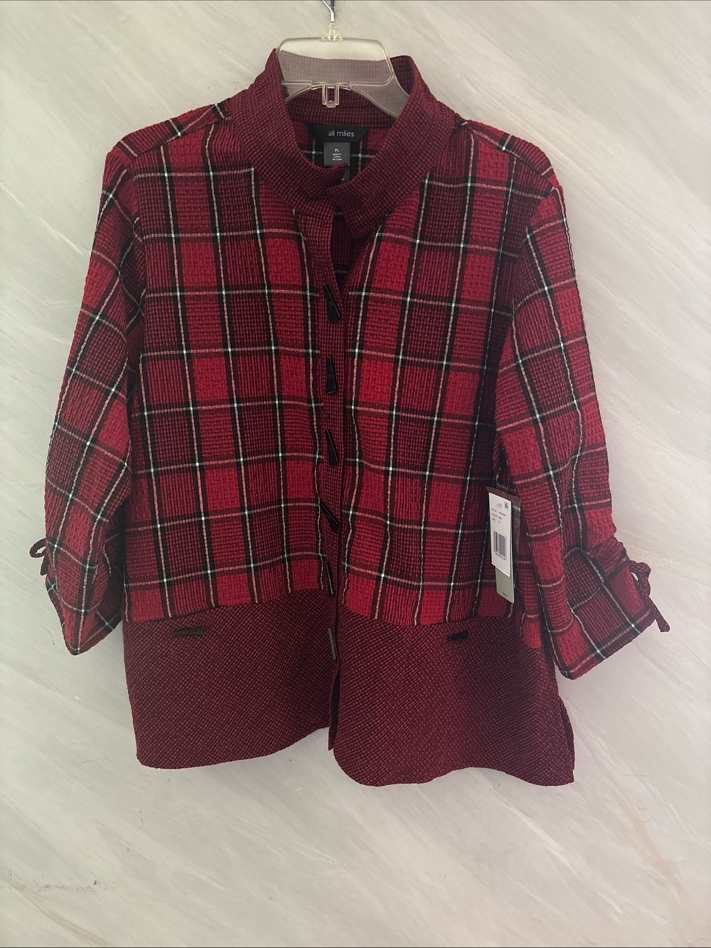 Ali Miles PL Red/Black Plaid Wire Collar 3/4 Cinched Tie Sleeve Blouse NEW!!!